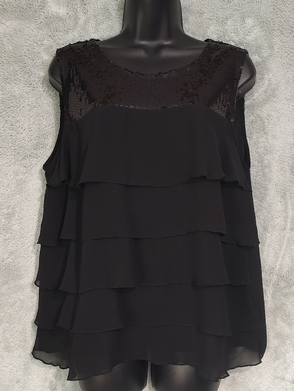 AB Studio Black Tiered Sequin Yoke Sleeveless Blouse